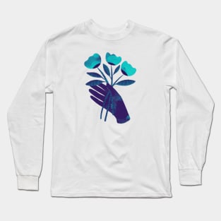 Dark purple blue hand with turquoise flowers for you Long Sleeve T-Shirt